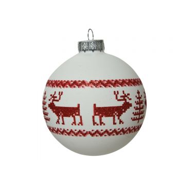 Glob Bauble red reindeer, Decoris, Ø8 cm, sticla, rosu/alb