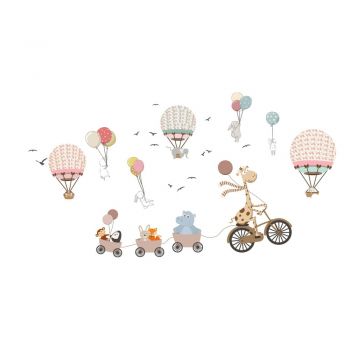 Autocolant de perete pentru copii Ambiance Animals and Hot Air Balloons in the Clouds, 90 x 60 cm