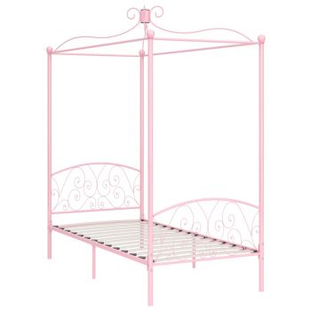 vidaXL Cadru de pat cu baldachin, roz, 100 x 200 cm, metal