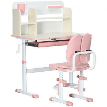 Set de birou si scaun cu inaltime reglabila, Birou pentru copii, masa de studiu pentru scoala cu raft si depozitare ZONEKIZ | Aosom RO