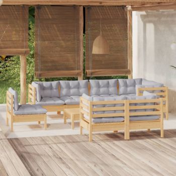 vidaXL Set mobilier de grădină cu perne gri, 9 piese, lemn masiv pin