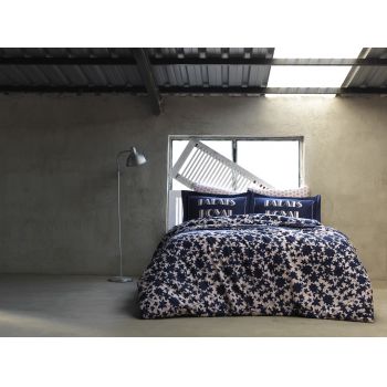 Lenjerie de pat din bumbac Ranforce, Royal Bleumarin / Crem, 200 x 220 cm