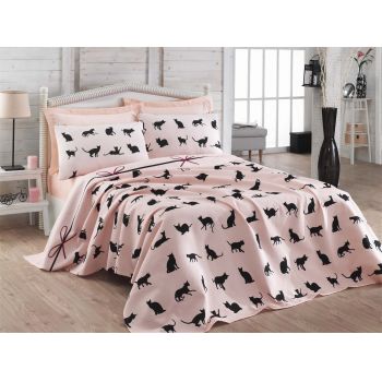 Set cuvertura de pat, Cats Roz / Negru, 4 piese, 200 x 235 cm