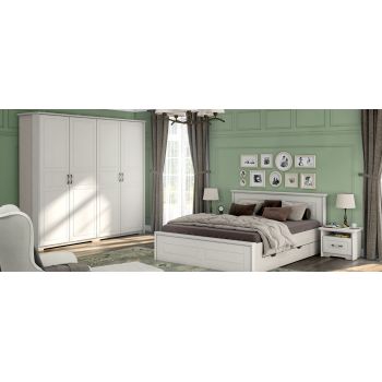 Set Mobila Dormitor din pal si MDF, cu pat 200 x 160 cm, 5 piese Evergreen Ivoir Mat / Pin Polar