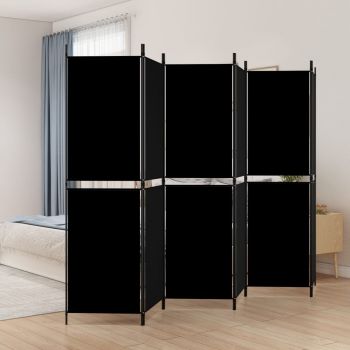 vidaXL Paravan de cameră cu 6 panouri, negru, 300 x 180 cm, textil