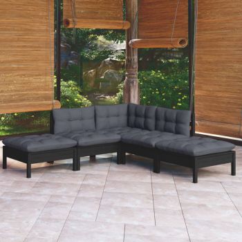 vidaXL Set mobilier grădină cu perne, 5 piese, negru, lemn de pin