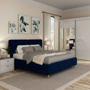 Dormitor MONTELLO 1, Oak, Alb Gloss, pat tapitat catifea Albastru