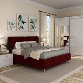 Dormitor MONTELLO 1, Oak, Alb Gloss, pat tapitat catifea Rosu Grena ieftina