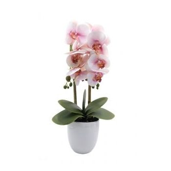 Orhidee artificiala siliconata cu aspect 100% natural, 2 tije, in bol de ceramica alb 50 cm