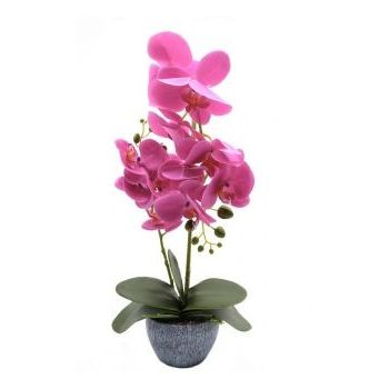 Orhidee artificiala siliconata cu aspect 100% natural, in bol de plastic gri 45 cm