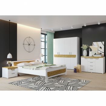 Set Dormitor MILANA, 5 piese, pat 160x200 cm, dulap 4 usi, comoda, 2 noptiere, corp PAL alb, fronturi PAL alb cu decor MDF