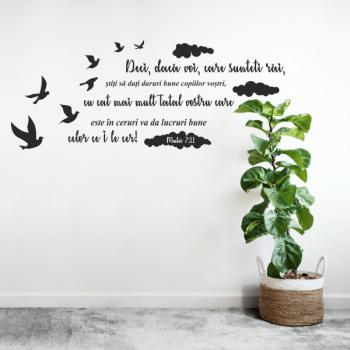Autocolant perete cu mesaj de incurajare crestin, Priti Global, cu porumbei si nori, Matei 7:11, negru, 118 x 47
