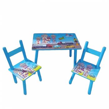Set masuta cu doua scaune pentru copii, din MDF, albastru, 59x39x40 cm