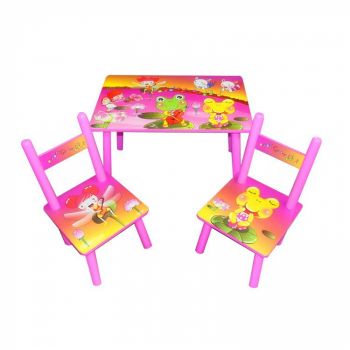 Set masuta cu doua scaune pentru copii, din MDF, roz, 59x39x40 cm