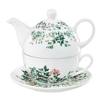 Set ceai pentru o persoana, ceainic cu ceasca si farfurie Greenery, Ambition, 240/370 ml, portelan