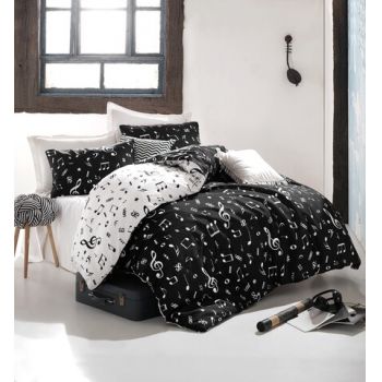 Lenjerie de pat dubla super king size, EnLora Home, 162ELR51280, 3 piese, amestec bumbac, negru/alb