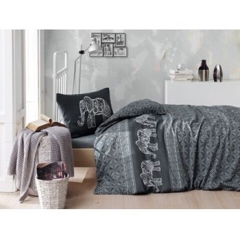 Lenjerie de pat pentru o persoana, Eponj Home, Elepante 143EPJ04250, 2 piese, amestec bumbac, antracit/alb