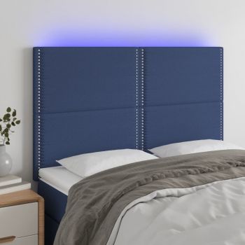 vidaXL Tăblie de pat cu LED, albastru, 144x5x118/128 cm, textil