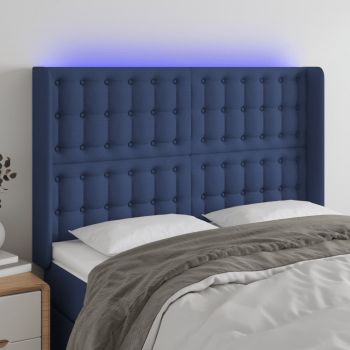 vidaXL Tăblie de pat cu LED, albastru, 147x16x118/128 cm, textil