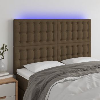 vidaXL Tăblie de pat cu LED, maro închis, 144x5x118/128 cm, textil