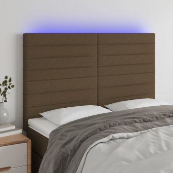 vidaXL Tăblie de pat cu LED, maro închis, 144x5x118/128 cm, textil