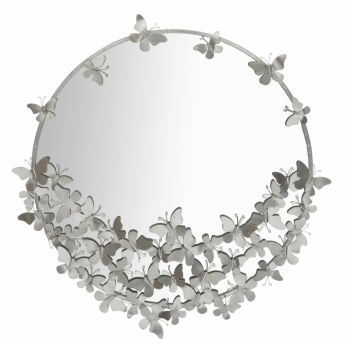 Oglinda Rotunda cu rama din Metal Argintiu Fluturi D91cm