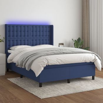 vidaXL Pat cu arcuri, saltea și LED, albastru, 140x200 cm, textil