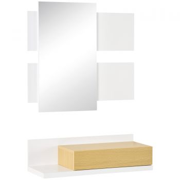 Set mobilier pentru hol cu ​​oglinda si sertar, mobilier modern din lemn cu oglinda 40x70cm cu fixare pe perete HOMCOM Alb, Lemn Natural | Aosom RO