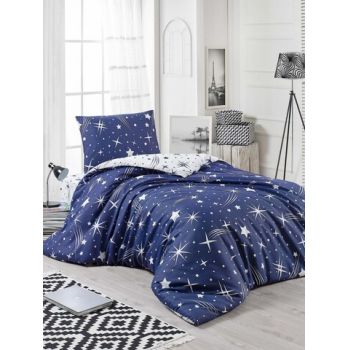 Lenjerie de pat pentru o persoana, EnLora Home, Halley - Dark Blue, 2 piese, amestec bumbac, alb/bleumarin