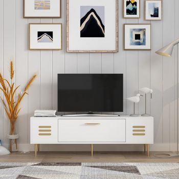 Comoda TV, Olivia, Paradise, 140 x 45 x 29.6 cm, pal melaminat, alb/auriu ieftina
