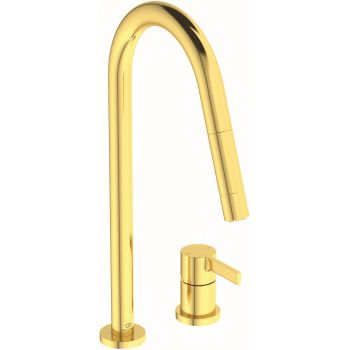 Baterie bucatarie Ideal Standard Gusto Round din 2 elemente 242mm dus extractibil pipa R rotativa brushed gold