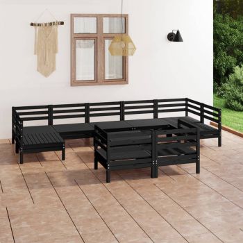 vidaXL Set mobilier relexare grădină, 10 piese, negru, lemn masiv pin