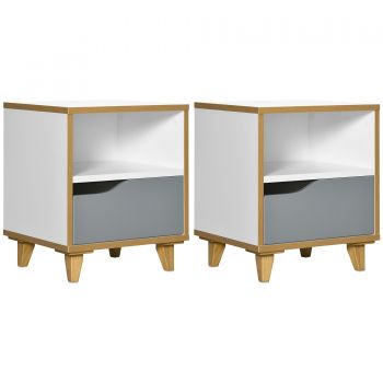 Set de 2 noptiere moderne cu sertar si raft, noptiere din lemn MDF, 36,8x33x43,8cm, alb si gri HOMCOM | Aosom RO