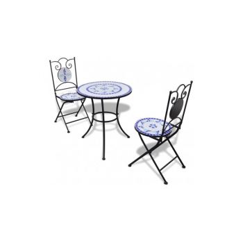 Masa bistro mozaic 60 cm, 2 scaune, albastru / alb la reducere