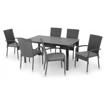 Set mobilier poliratan exterior cu 6 scaune si masa dreptunghiulara PRESLEY ENCORE negru