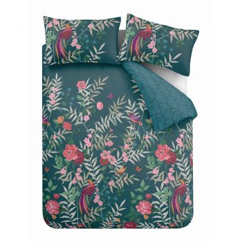 Lenjerie verde pentru pat de o persoană 135x200 cm Tropical Floral Birds - Catherine Lansfield ieftina