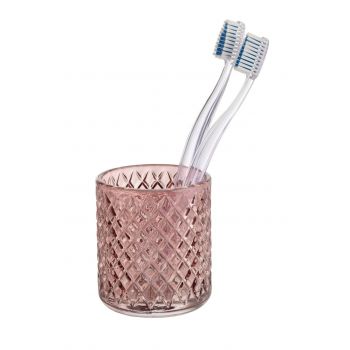 Suport periute si pasta de dinti, Wenko, Atessa, 7.5 x 7.5 x 10 cm, sticla, roz ieftina
