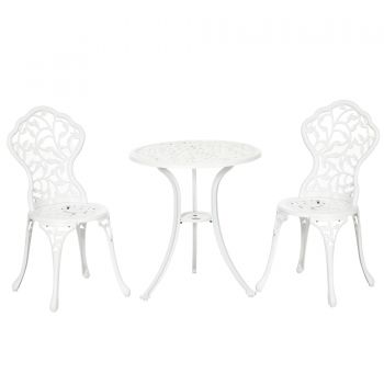 Outsunny Set pentru gradina 3 bucati din aluminiu alb cu design floral, 2 scaune pentru exterior 45x42x85.5 cm si masa rotunda Ø61x66.5 cm | AOSOM RO ieftin