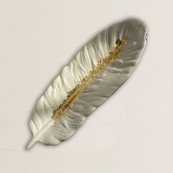 Platou lung forma Frunza Gold alb 24 cm