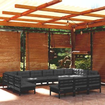 vidaXL Set mobilier grădină cu perne, 13 piese, negru, lemn masiv pin
