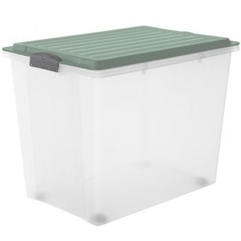 Cutie depozitare cu roti plastic transparenta cu capac verde Rotho Compact 70L