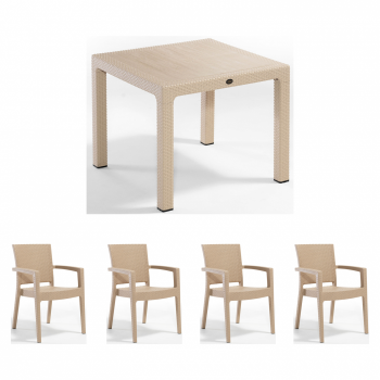 Set gradina cu masa CLASSI 90x90 cm + 4 scaune PARIS 62x58x88 cm, model ratan, cappuccino