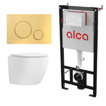 Set vas WC suspendat Matilda Alb cu rezervor Alcadrain si clapeta Auriu M675