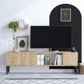 Comoda TV, Emerald, Vesta, 150x47x35 cm, Stejar safir / negru ieftina