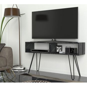 Comoda TV, Furny Home, Alya, 120x68.1x29.5 cm, Marmură / Negru ieftina