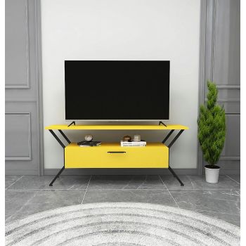 Comoda TV, Kalune Design, Tarz, 124x54x35 cm, Galben/Negru ieftina
