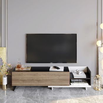 Comoda TV, Retricy, Parion, 165x35x41 cm, PAL, Alb / Negru / Nuc