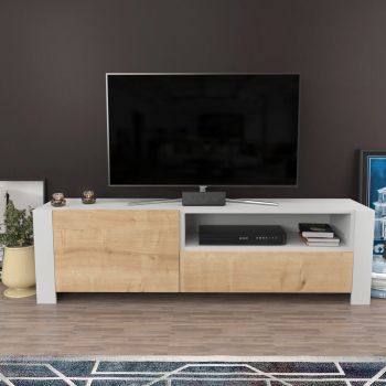 Comoda TV, Retricy, Piedmont, 160x36.8x46 cm, PAL, Stejar alb