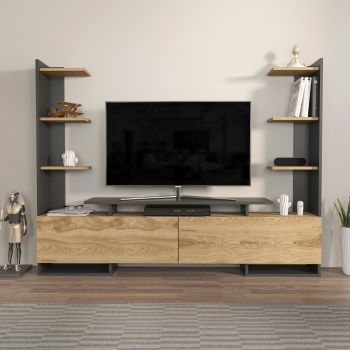 Comoda TV, Zena Home, Ava, 183.6x140x31.7 cm, PAL, Stejar / Negru ieftina
