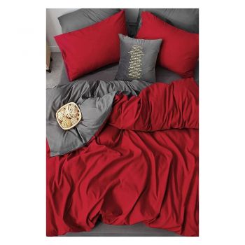 Lenjerie de pat roșie-gri din bumbac pentru pat dublu-extins și cearceaf 200x220 cm – Mila Home la reducere
